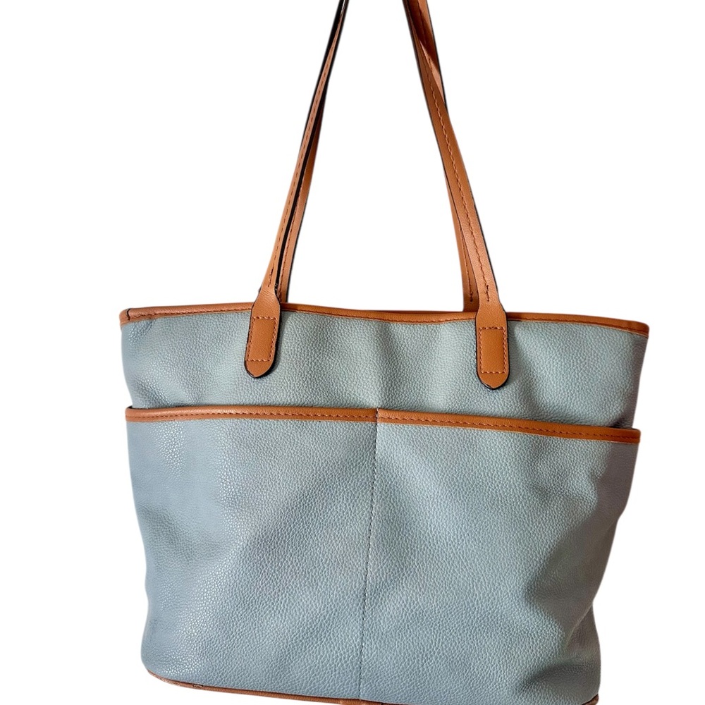 Elegant Blue Tote Bag with Tan Accents